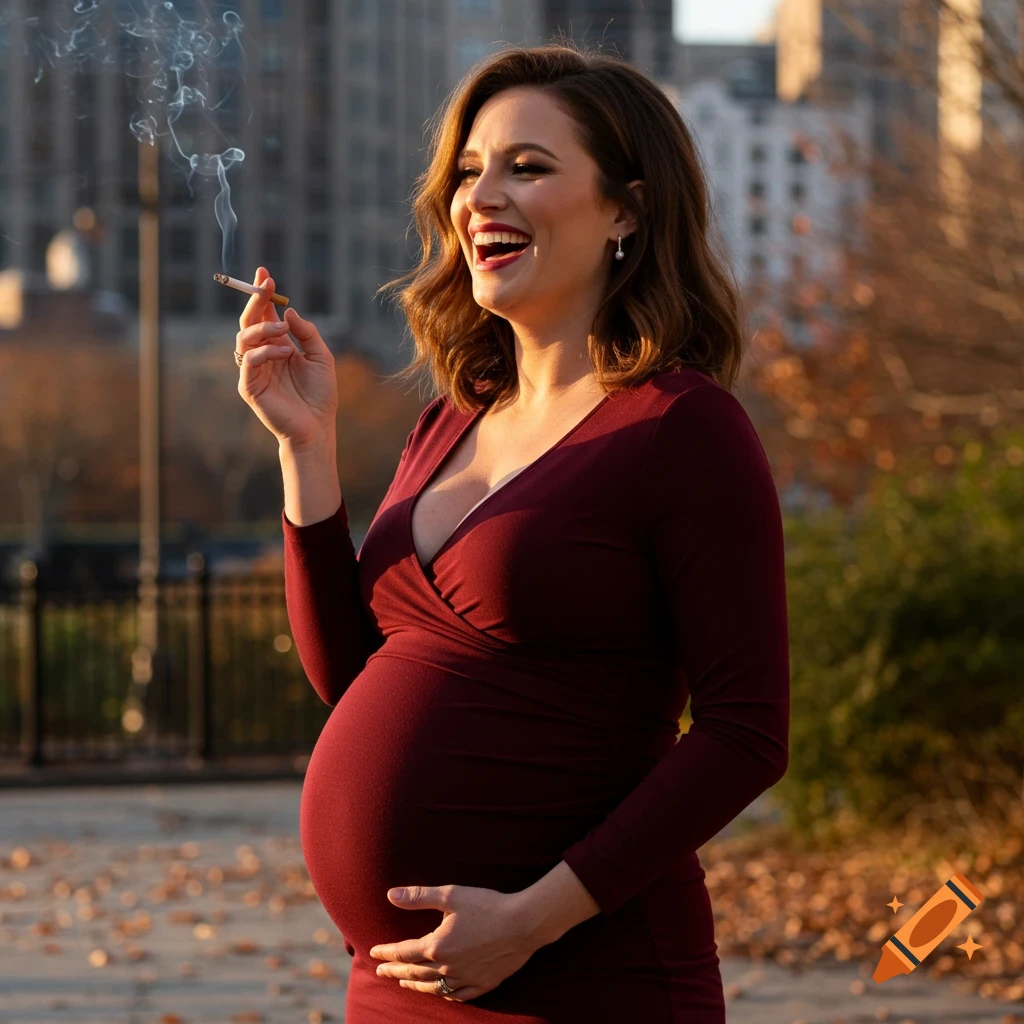 A laughing, pregnant woman in a burgundy dress holds a lit cigarette, with a hand on her belly, outdoors in autumn with city buildings.
