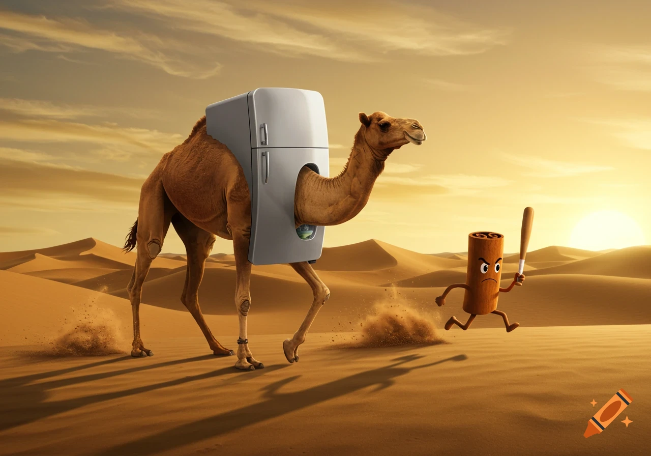 A camel with a refrigerator attached to its side is chased by an angry cartoon cinnamon stick holding a baseball bat in a desert at sunset.