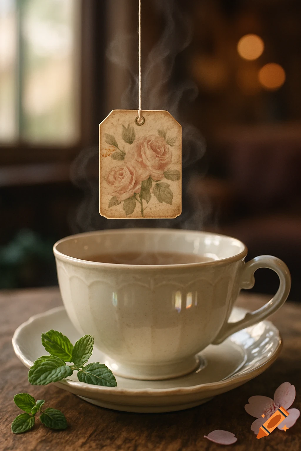 A steaming cup of tea on a wooden table with a floral teabag tag, fresh mint leaves, and a pink flower petal.