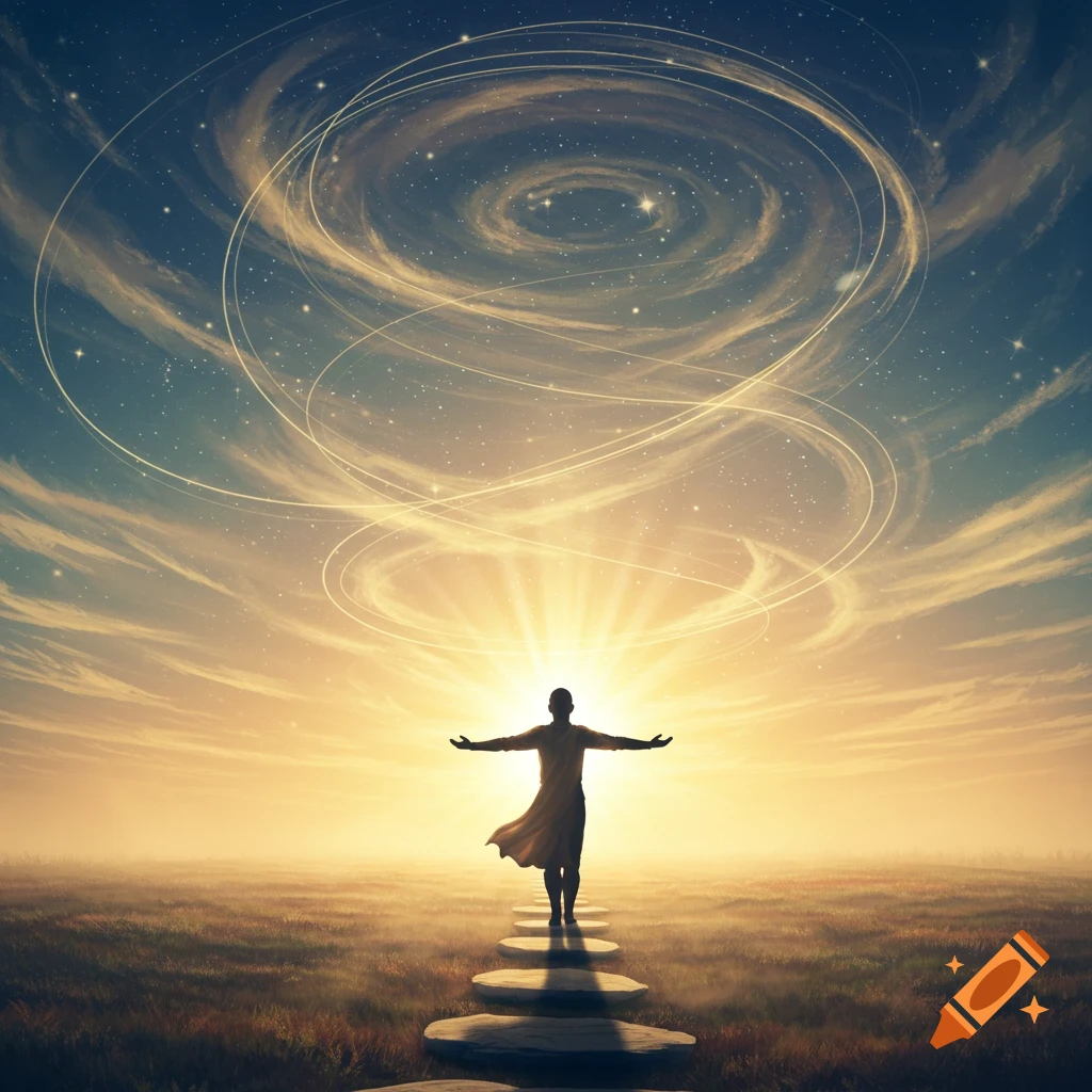 Silhouette of a person with outstretched arms walking on a path towards a brilliant light under a starry sky with swirling golden trails.