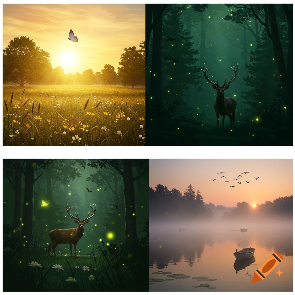 Four nature scenes: a sunny meadow with a butterfly; two dark, magical forests with deer and glowing fireflies; and a misty lake at sunrise.