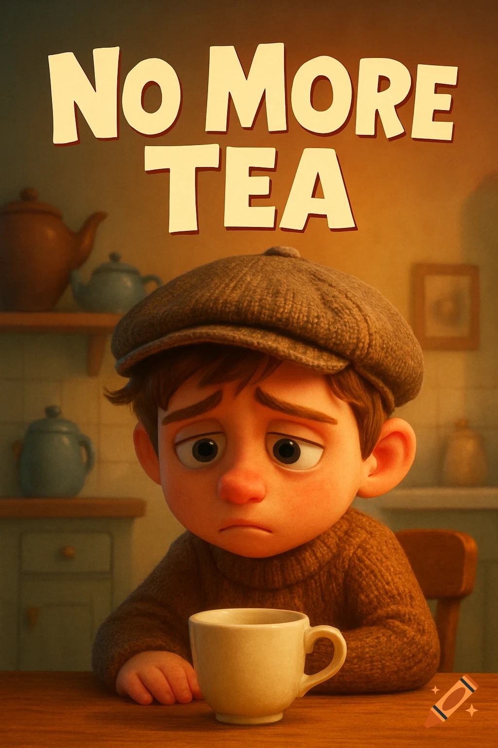 A sad Pixar-style animated boy in a cap and sweater looks at an empty teacup, under the movie poster title 'NO MORE TEA'.