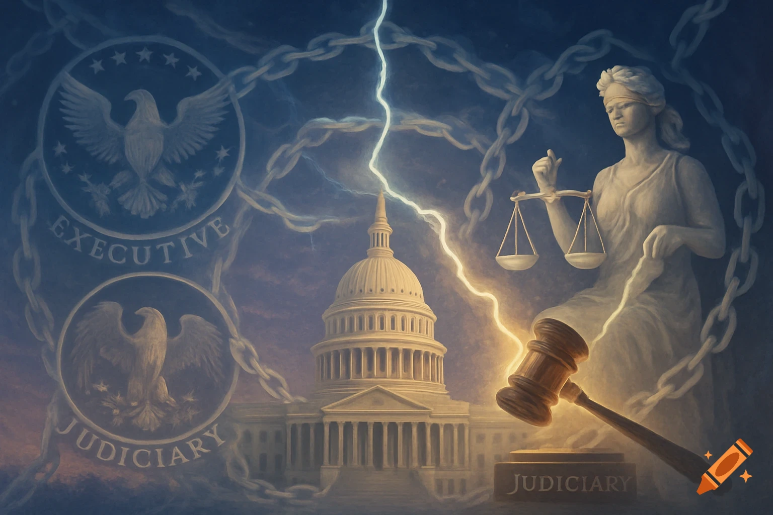 A painting showing Lady Justice, the U.S. Capitol, and eagle emblems for 'EXECUTIVE' and 'JUDICIARY,' with lightning and chains.