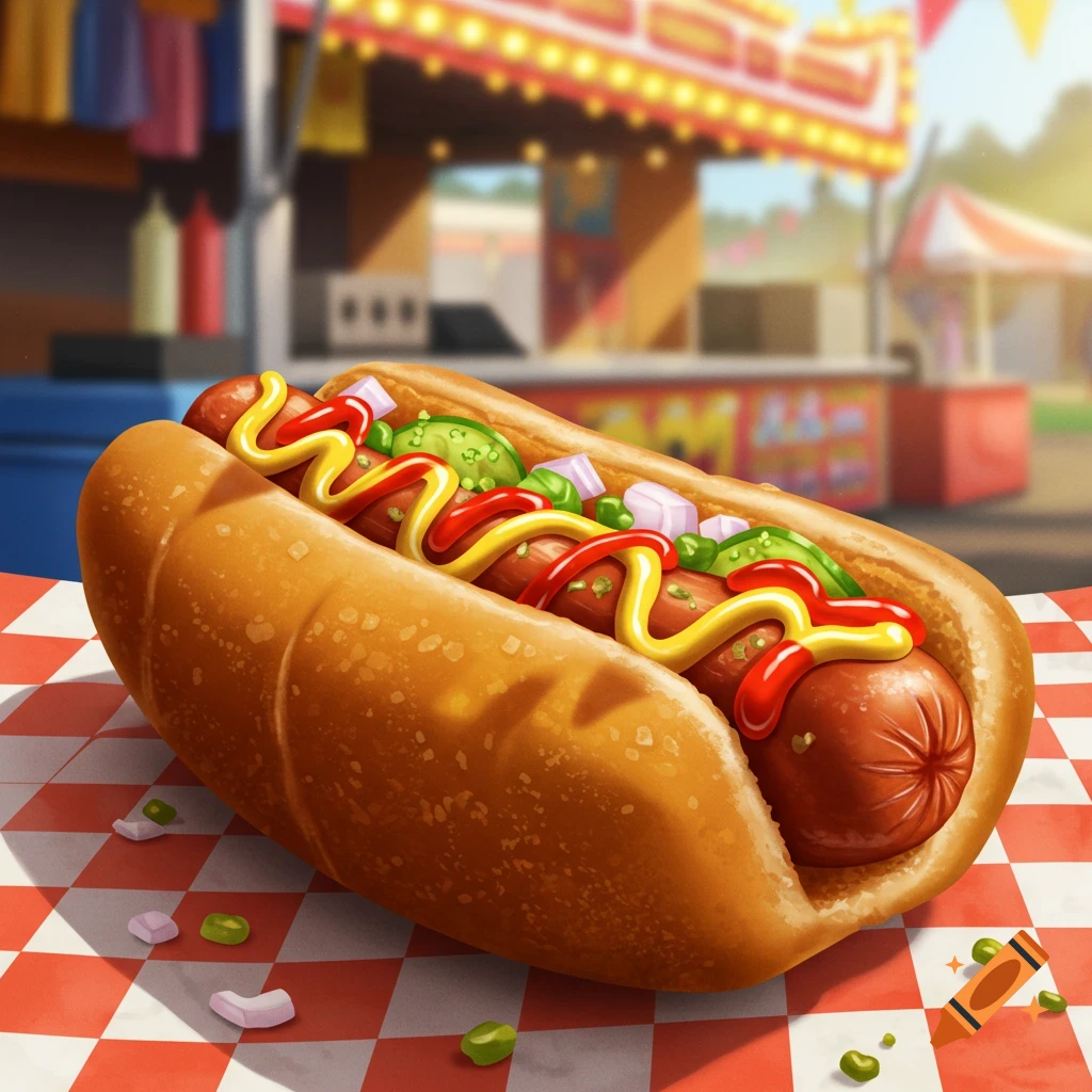A close-up of a hot dog with mustard, ketchup, relish, and onions on a checkered paper, set against a blurry carnival background in an illustrative style.