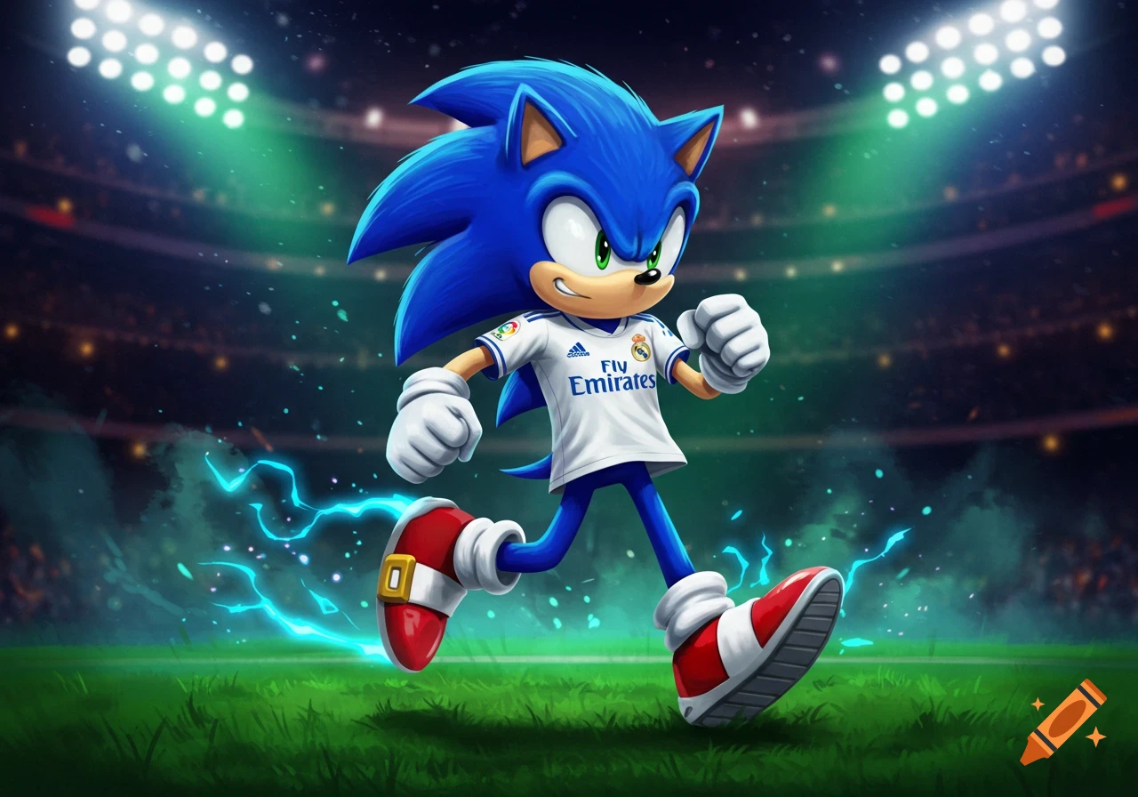 Sonic the Hedgehog wearing a Real Madrid soccer jersey, running on a stadium field under bright lights.