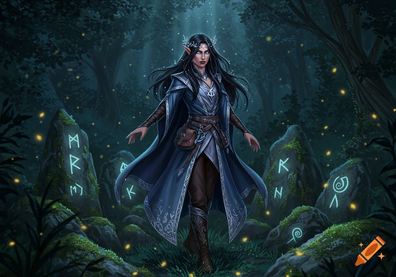 A dark-haired female elf sorcerer in blue robes stands in a mystical forest with glowing runes and fireflies, digital painting.