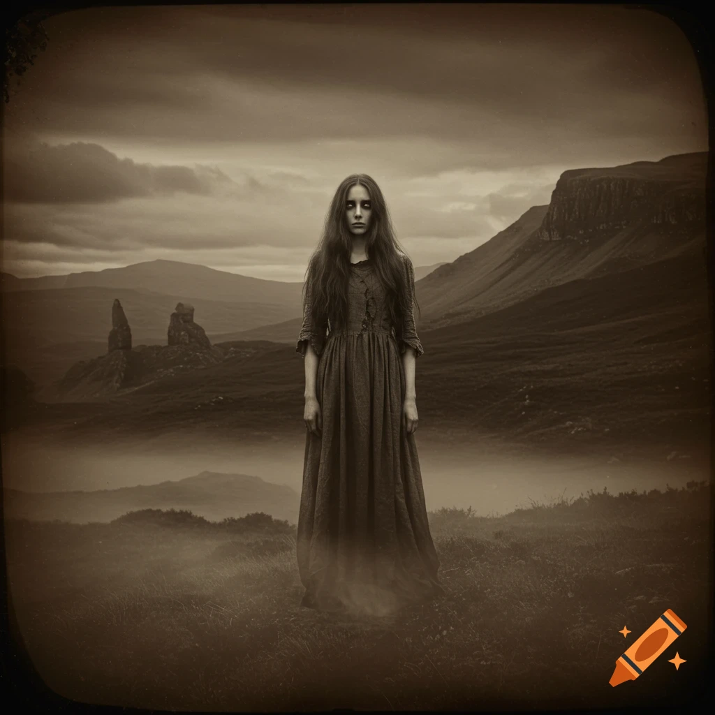 A sepia-toned image of a pale, long-haired woman in a dark dress standing in a misty, rugged mountain landscape.
