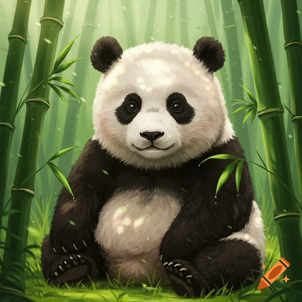 A cute, fluffy cartoon panda with large black eyes sits smiling in a lush green bamboo forest, dappled with sunlight.