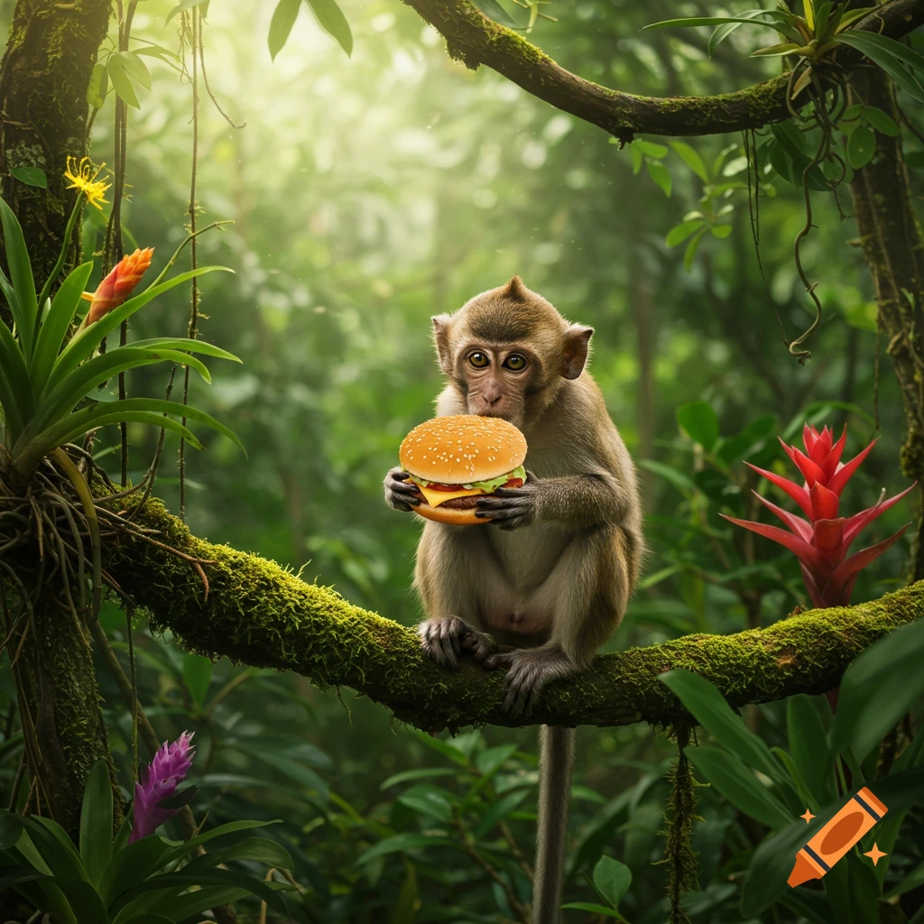 A photorealistic monkey sits on a mossy jungle branch, holding a cheeseburger.