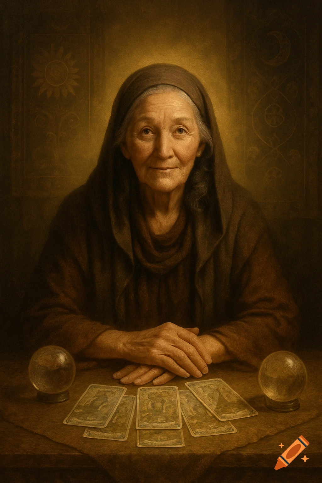 A wise-looking old woman in a dark hooded robe sits at a table with tarot cards and two crystal balls, rendered in a classical painting style.