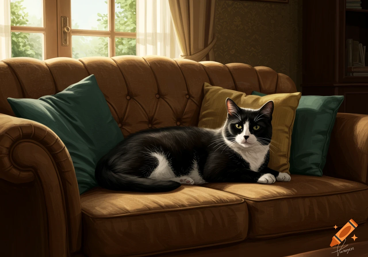 A black and white cat rests on a brown tufted sofa with green and yellow pillows, lit by sunlight from a window.