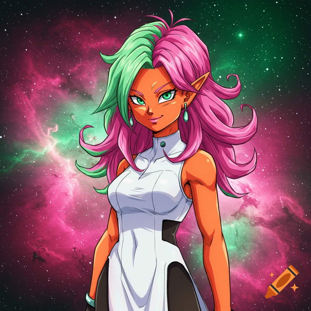 An anime-style female character with orange skin, split pink and green hair, and green eyes, wearing a white dress against a vibrant galaxy.