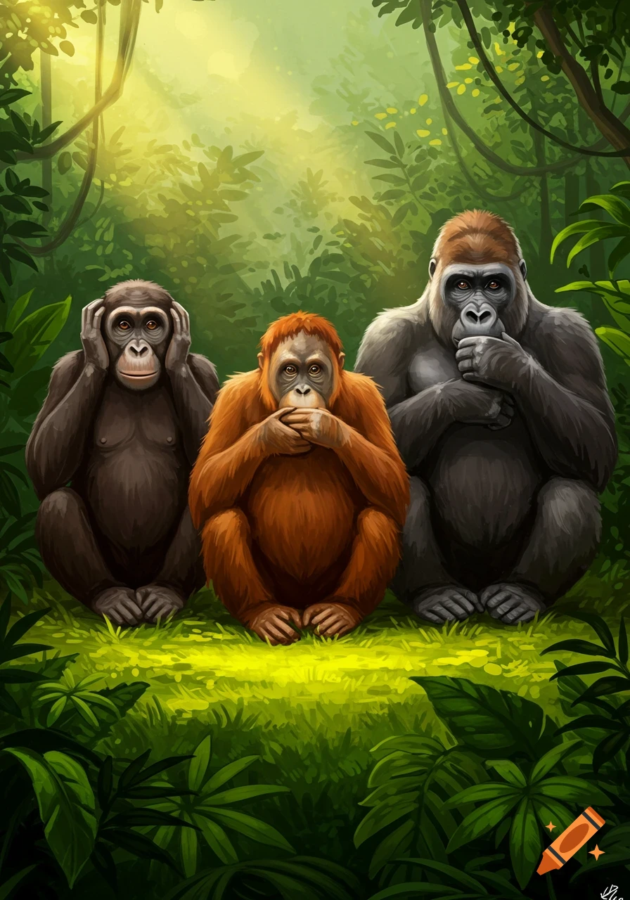 A stylized illustration of a chimpanzee, orangutan, and gorilla in a jungle, depicting 'hear no evil, speak no evil, see no evil'.