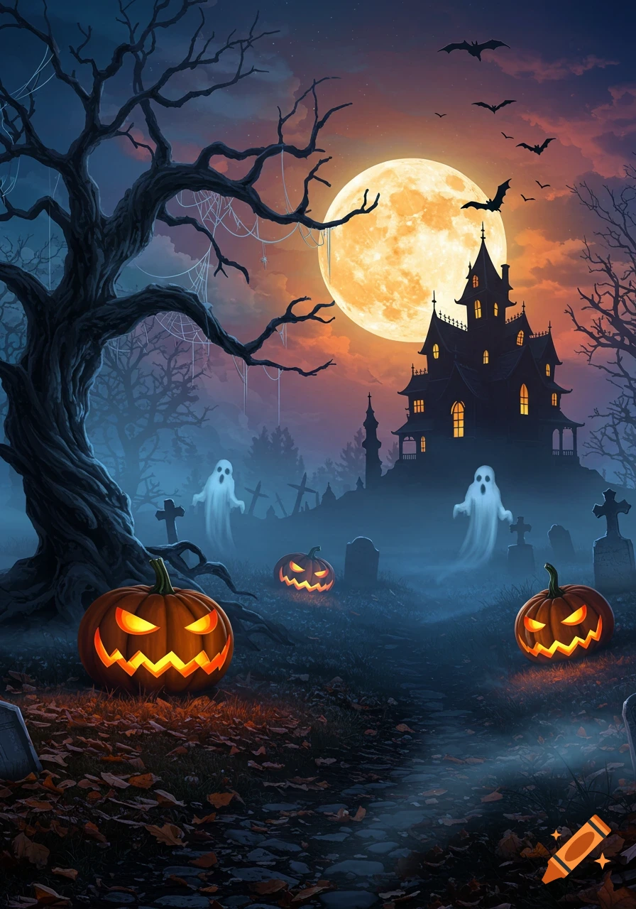 A spooky Halloween night with a haunted house, glowing full moon, glowing jack-o'-lanterns, ghosts, and bats in a foggy graveyard.