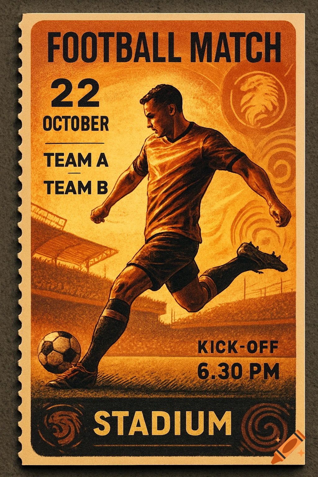Vintage-style football match poster with a player kicking a ball in a stadium, showing date, teams, and kick-off time.