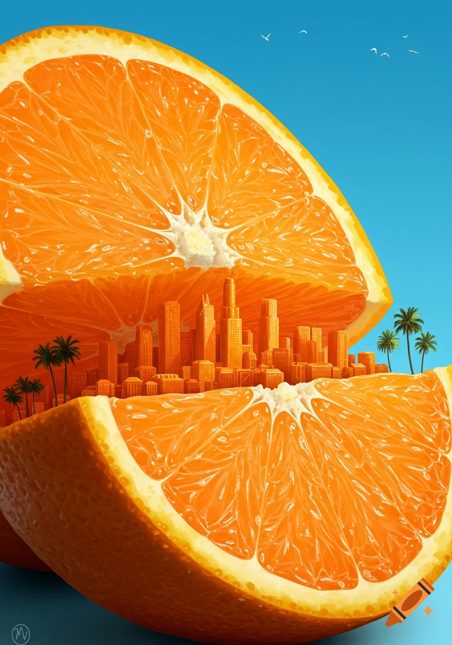A giant orange sliced open revealing a tiny cityscape with palm trees nestled within its juicy flesh, under a bright blue sky with birds.
