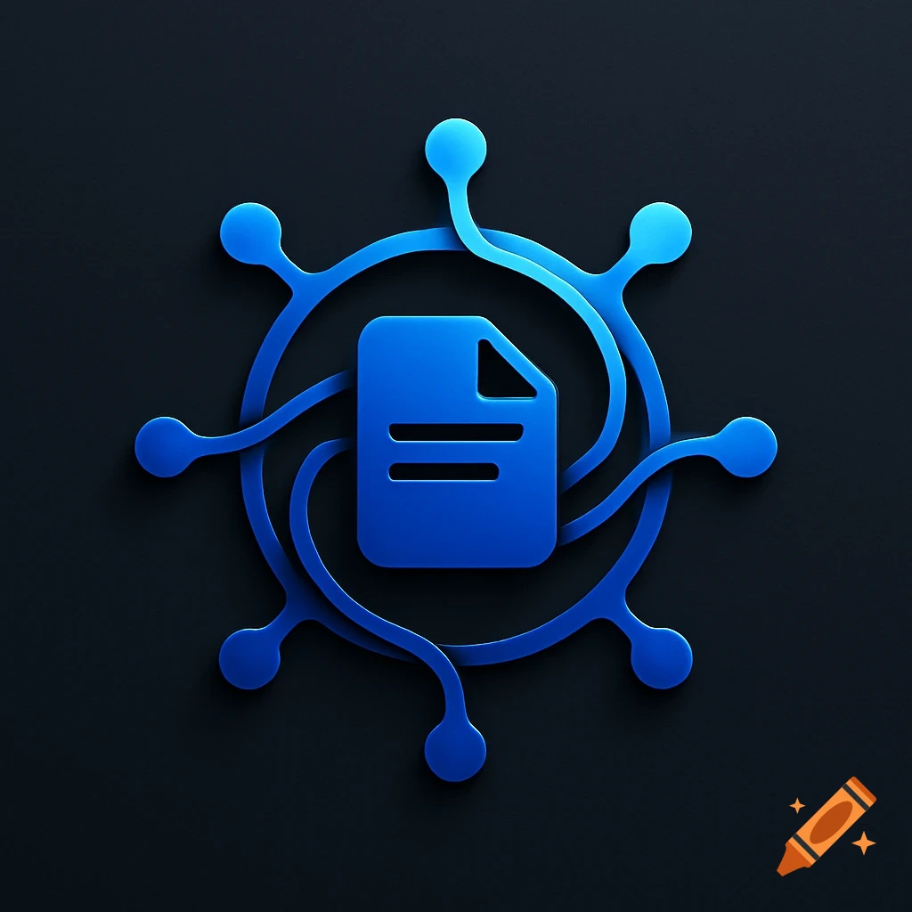 Blue stylized logo featuring a document file icon within a circular network of interconnected nodes on a dark background.