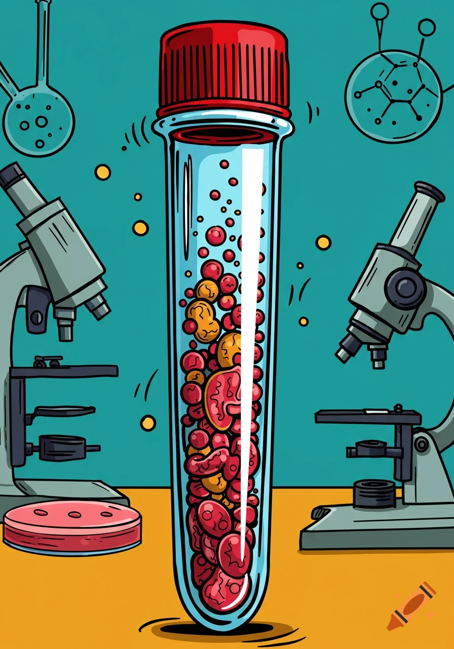 A comic-style illustration of an overstuffed test tube filled with biological tissue, flanked by microscopes and lab equipment.