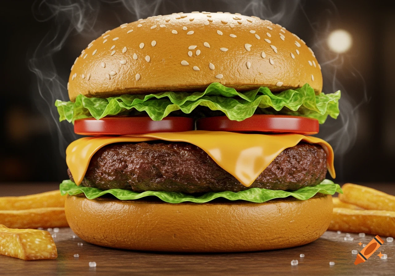 A close-up, photorealistic image of a steaming cheeseburger with lettuce and tomato, served with french fries and salt on a wooden surface.