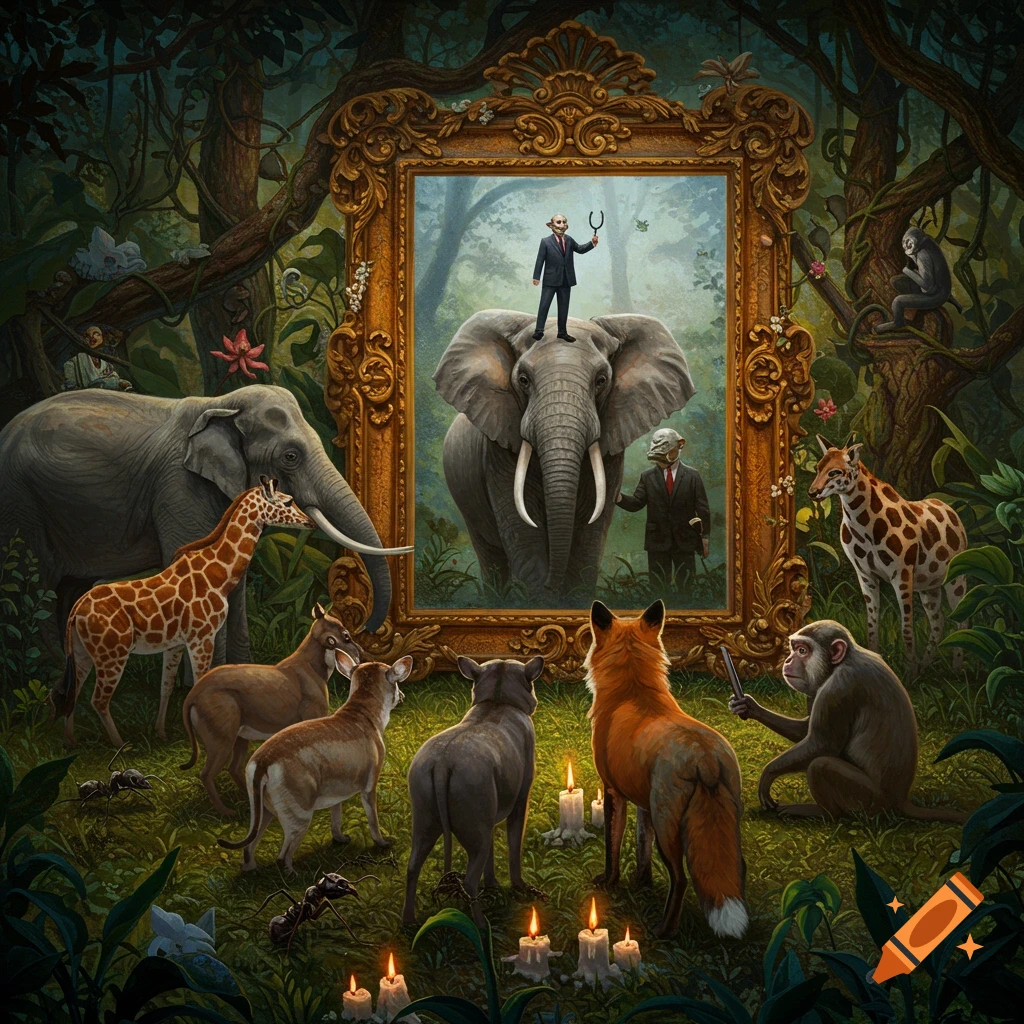 Jungle animals gather around an ornate mirror reflecting two suited, human-like figures with distorted faces on an elephant, surrounded by candles.