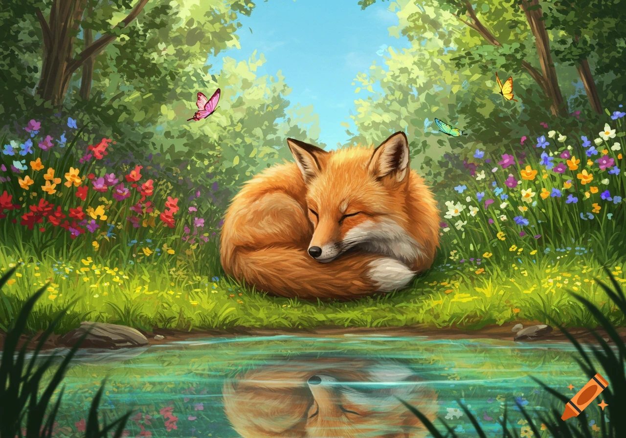 A cute red fox sleeping curled up in a vibrant flower meadow by a pond with colorful butterflies, illustration style.