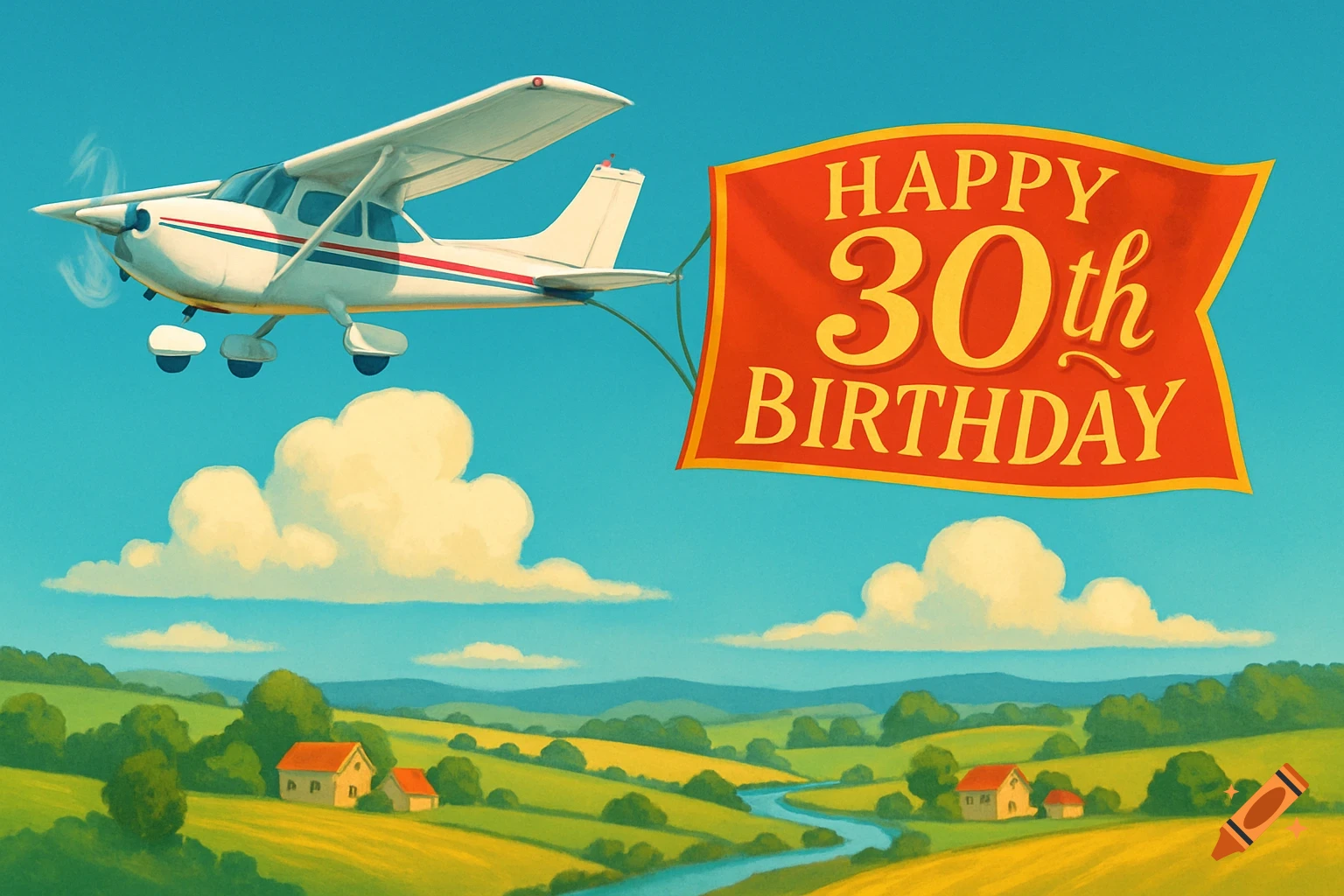 A white airplane pulls a red "HAPPY 30th BIRTHDAY" banner in a blue sky above a green, hilly landscape with houses.