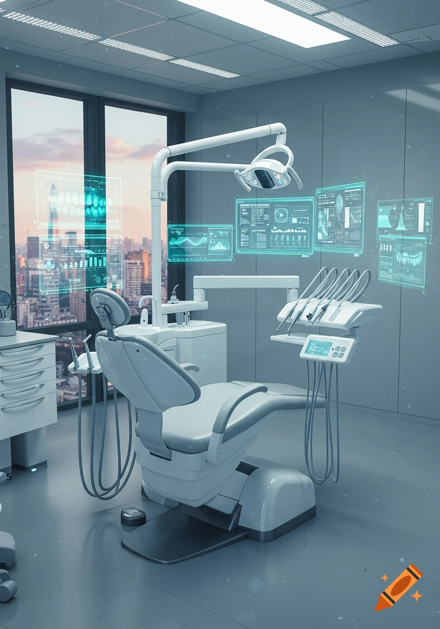 A futuristic dental office with a white dental chair, modern equipment, glowing holographic screens, and a city view.