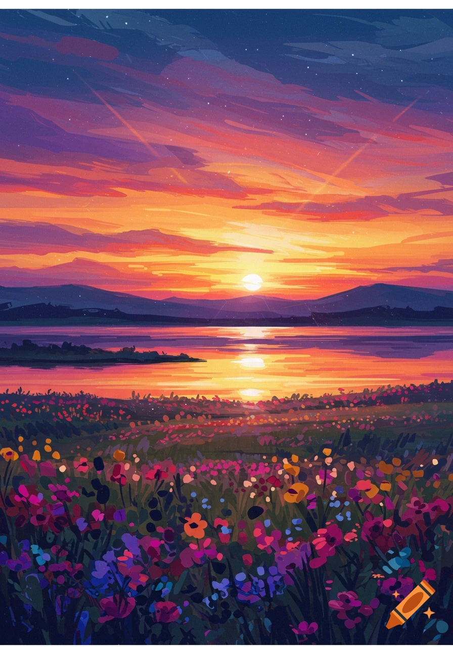 Impressionistic painting of a vibrant sunset over a lake, with mountains and a field of colorful wildflowers.