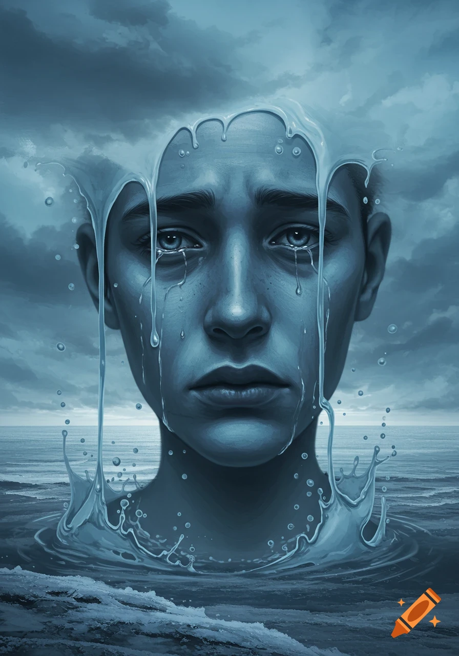 Monochromatic blue portrait of a crying person's face, water streaming into a stormy ocean.