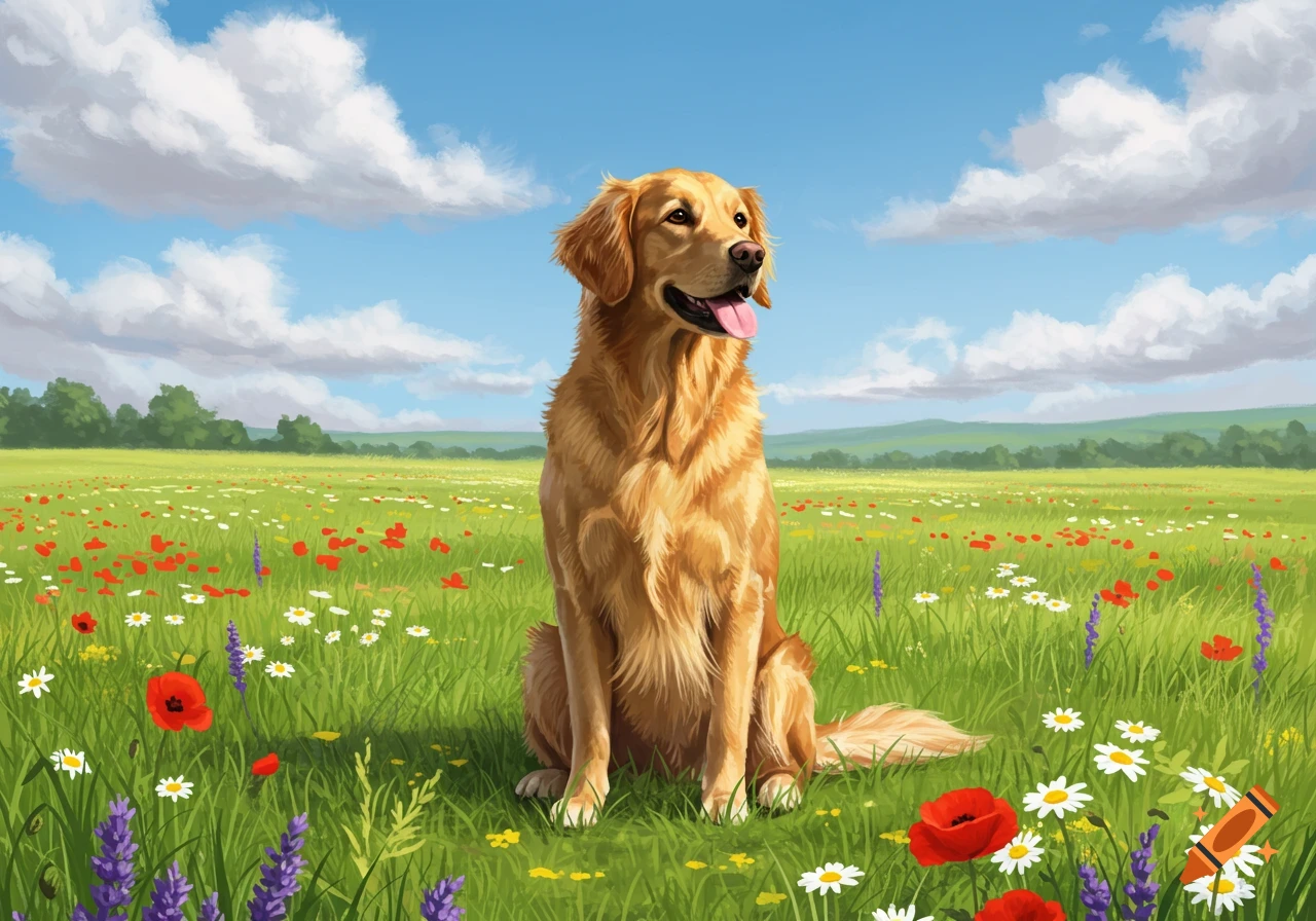 A golden retriever dog sits in a sunny green meadow filled with colorful wildflowers under a blue sky with white clouds.