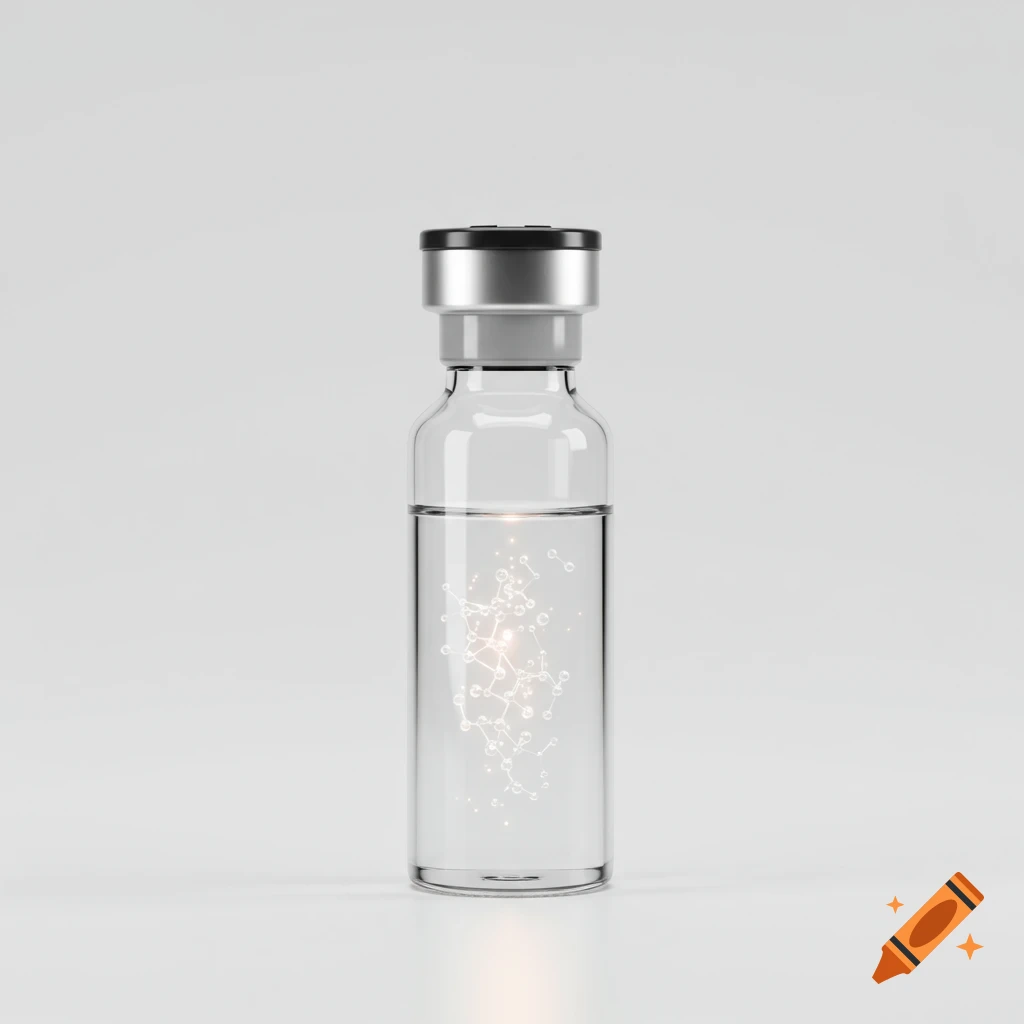 A clear glass peptide vial with a silver and black cap, containing a glowing molecular structure in liquid, on a white background.