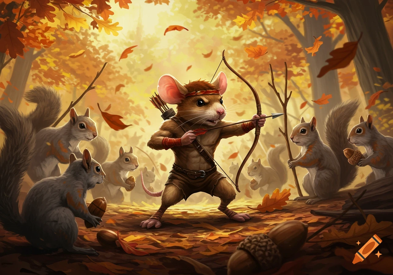 A muscled mouse, dressed like Rambo with a bow and arrow, confronts a group of grey squirrels in a vibrant autumn forest.