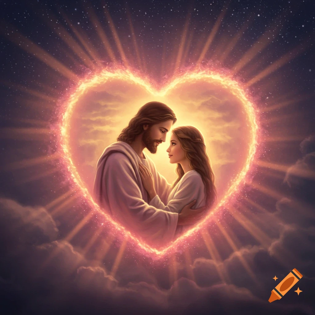 Jesus embraces a woman inside a glowing heart of light, surrounded by ethereal clouds and stars.