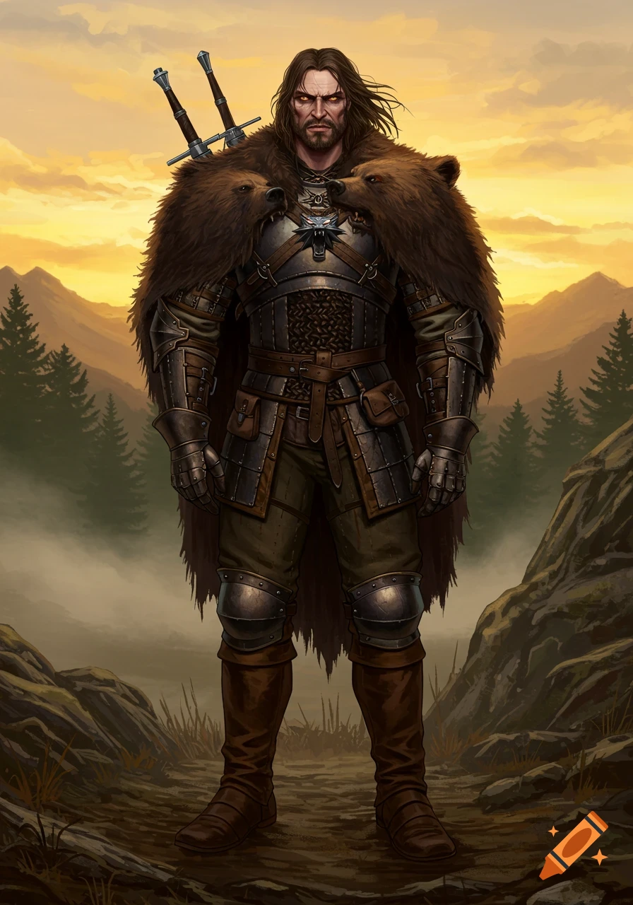 A fantasy warrior in ornate armor with a bear fur cape and two swords on his back, standing on a mountain path at sunset.