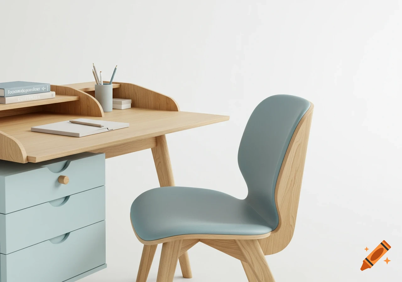 Modern Scandinavian-style desk and chair set with light wood and pastel blue accents against a clean white background.