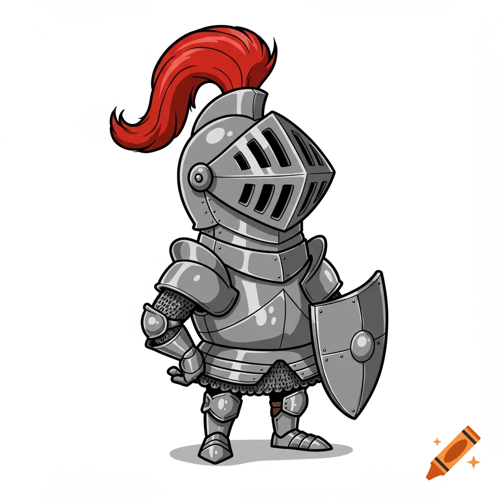 A cute, cartoonish knight in full silver armor with a red plume and shield stands on a white background.