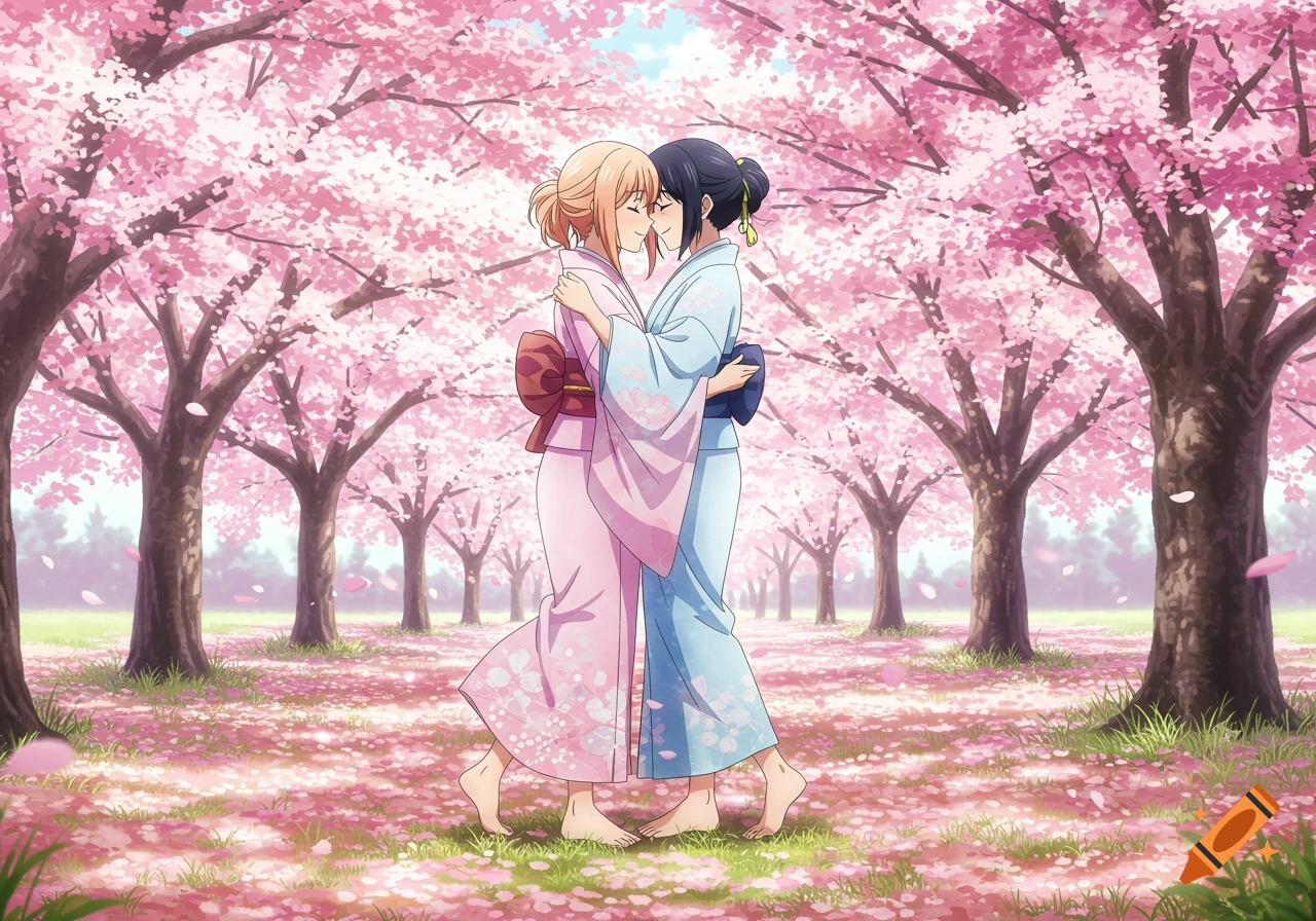 Two anime women in kimonos embrace and touch foreheads in a field of pink cherry blossoms.