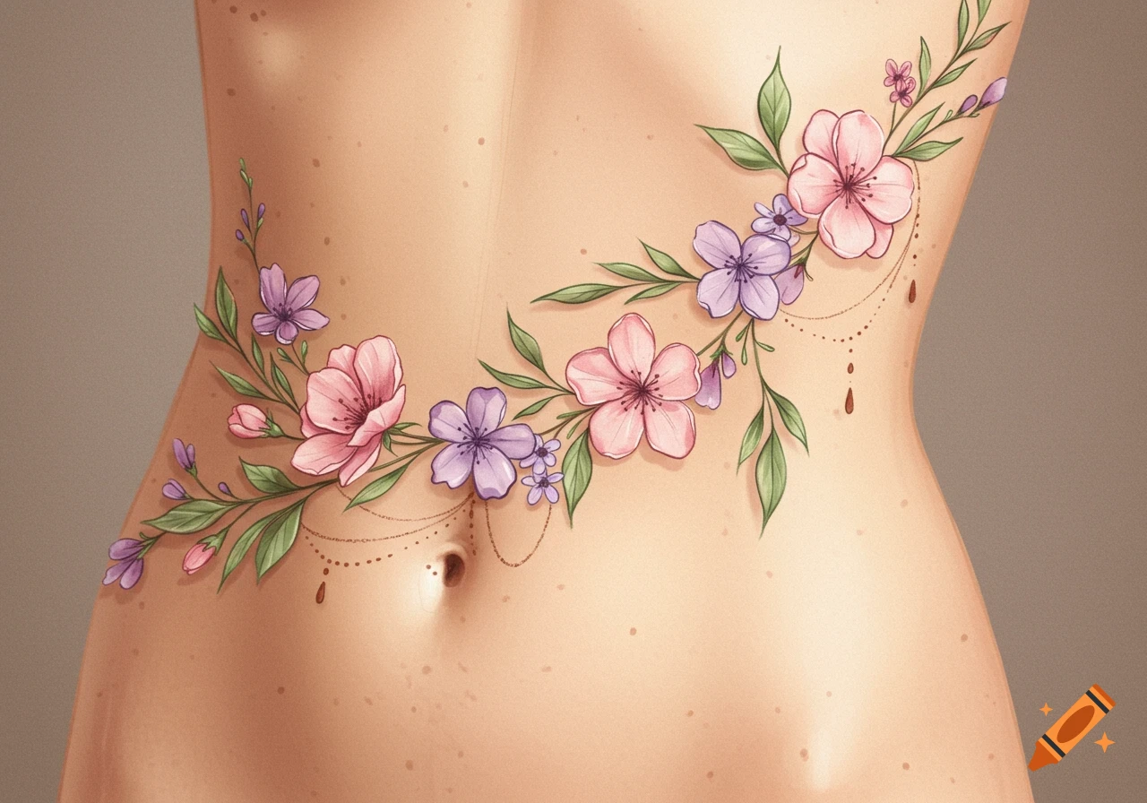 A delicate tattoo of pink and purple flowers with green leaves winding across a person's midsection, including the belly button.