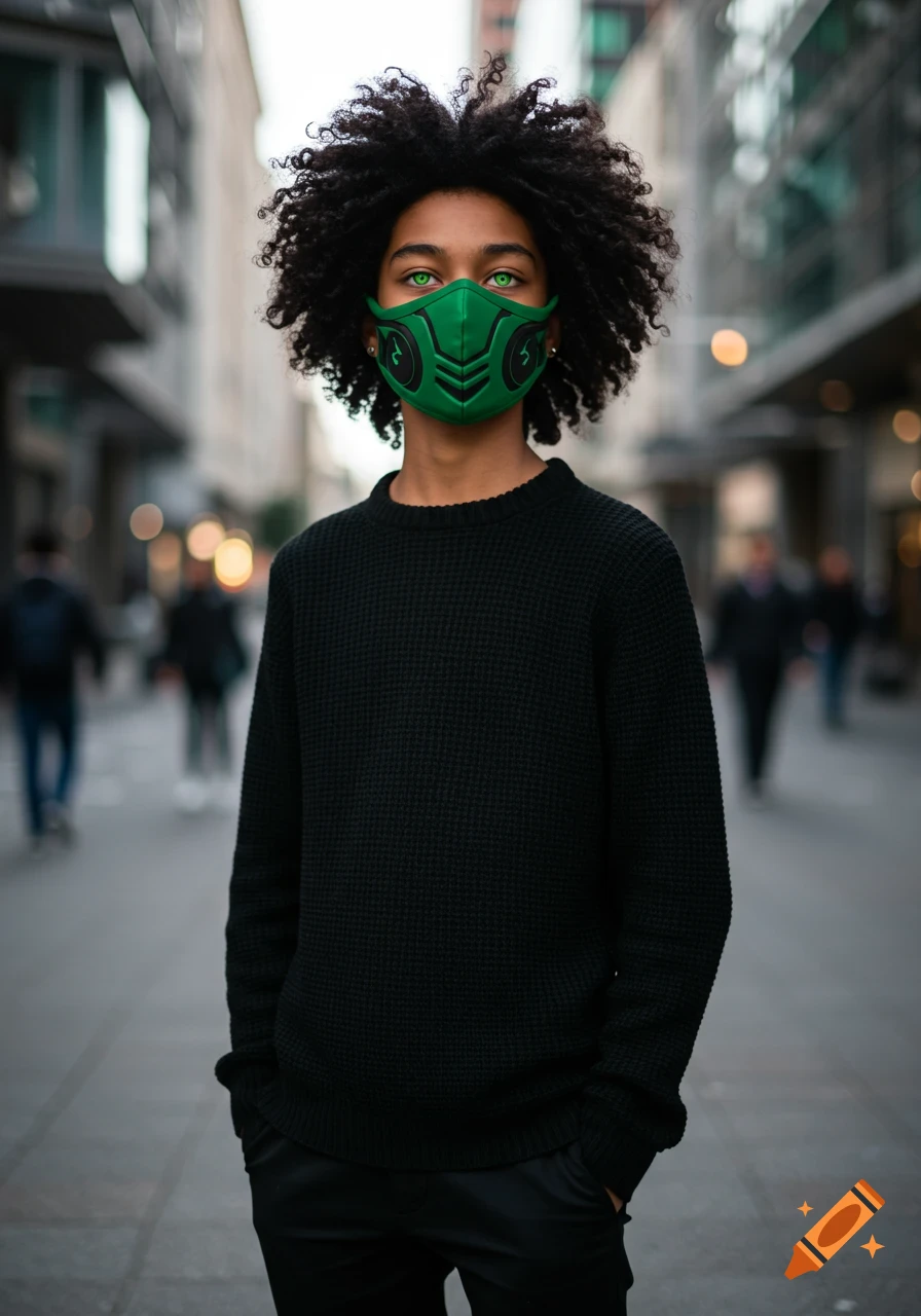 A young person with curly hair and bright green eyes wears a black sweater, black pants, and a green and black face mask on a city street.