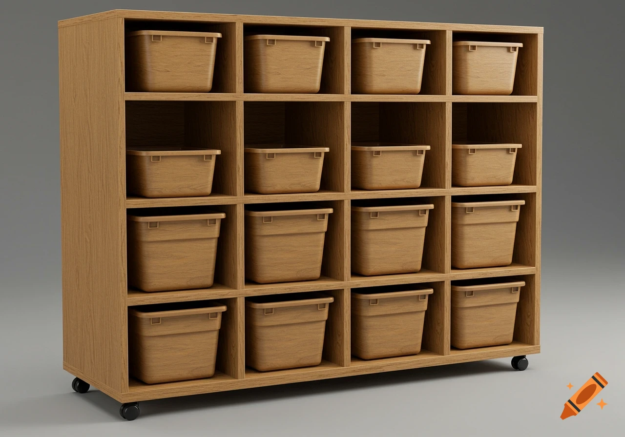 A movable wooden storage shelf unit with sixteen cubbies, each holding a light brown plastic bin with a subtle wood grain texture, on a gray background.