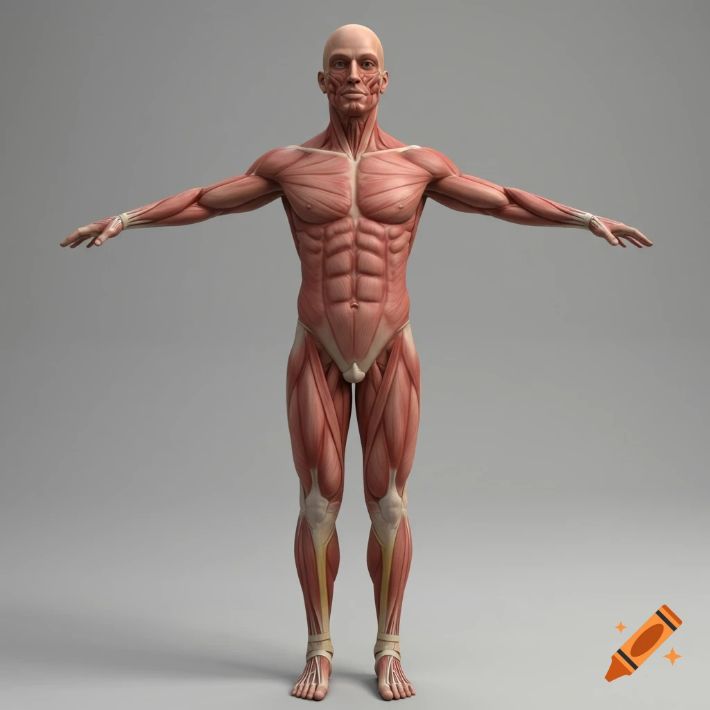 A full-body 3D anatomical model of a bald, muscular man in a T-pose on a grey background.