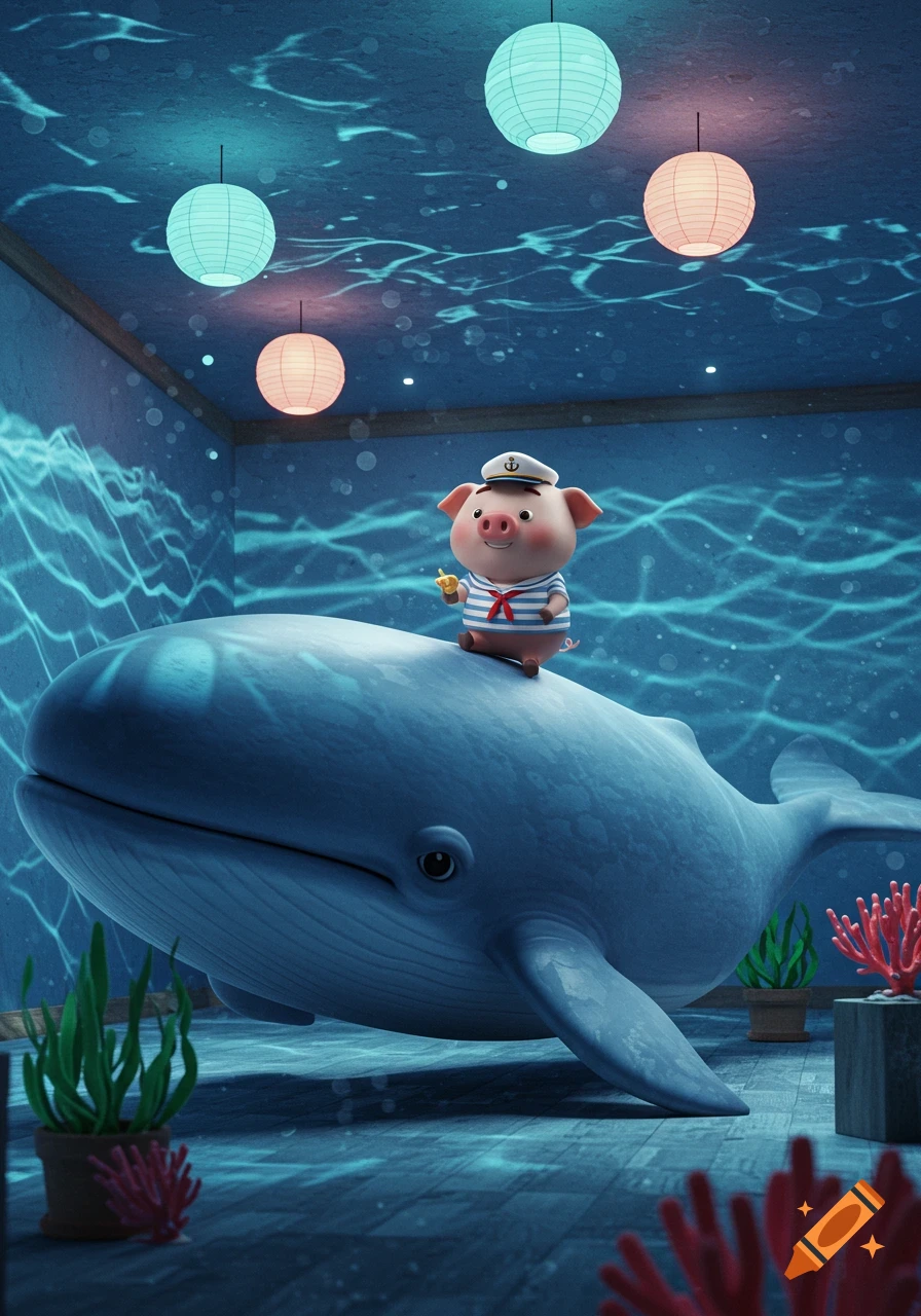 A cute cartoon pig in a sailor uniform rides a large blue whale in an illuminated room with water reflections and lanterns.