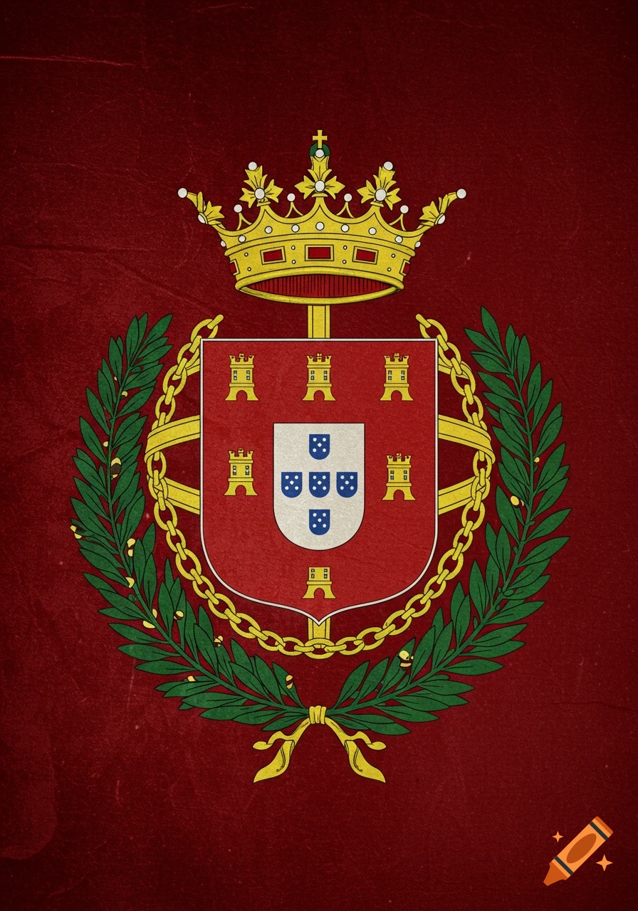 Stylized Portuguese coat of arms with a red shield, golden crown, and green laurel wreath on a deep red background.
