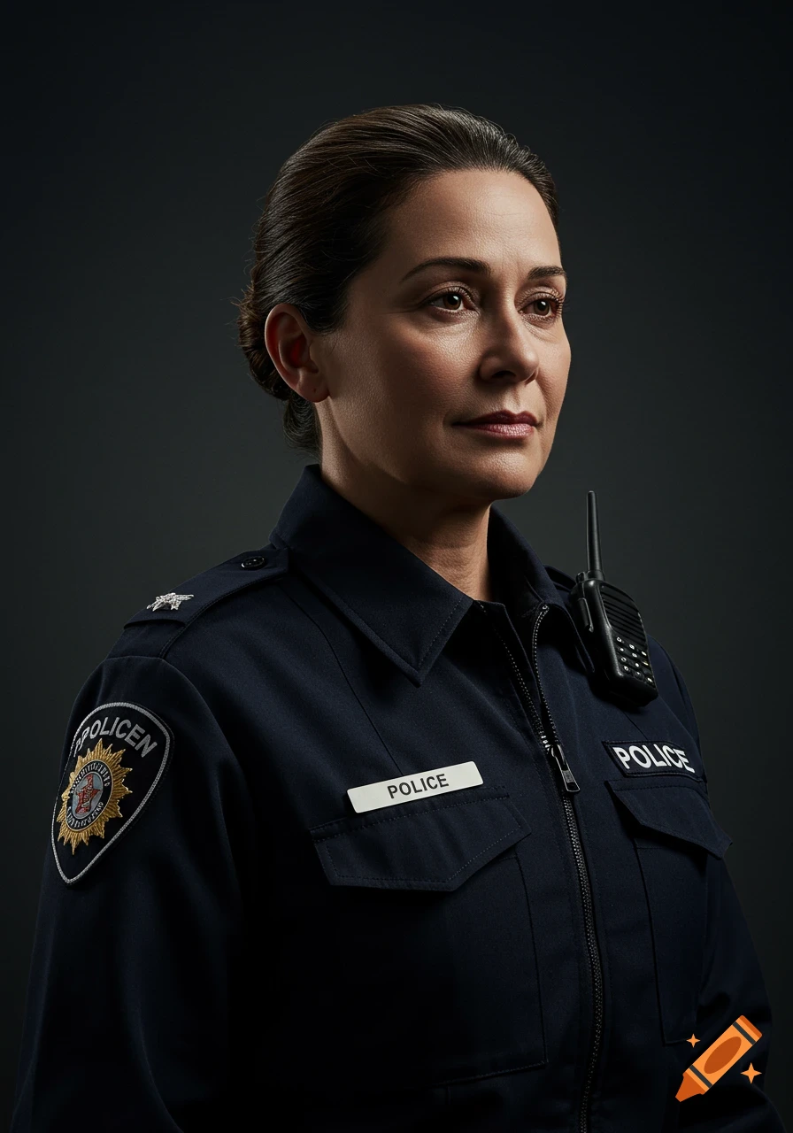 A realistic portrait of a middle-aged policewoman in a dark blue uniform looking slightly stern.