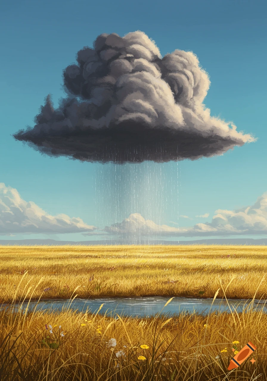 A stylized illustration shows a dark rain cloud heavily raining over a golden field with a winding stream under a bright blue sky.