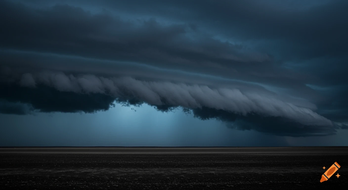 Dark, ominous storm clouds gather over a flat, barren landscape under a dramatic blue sky.