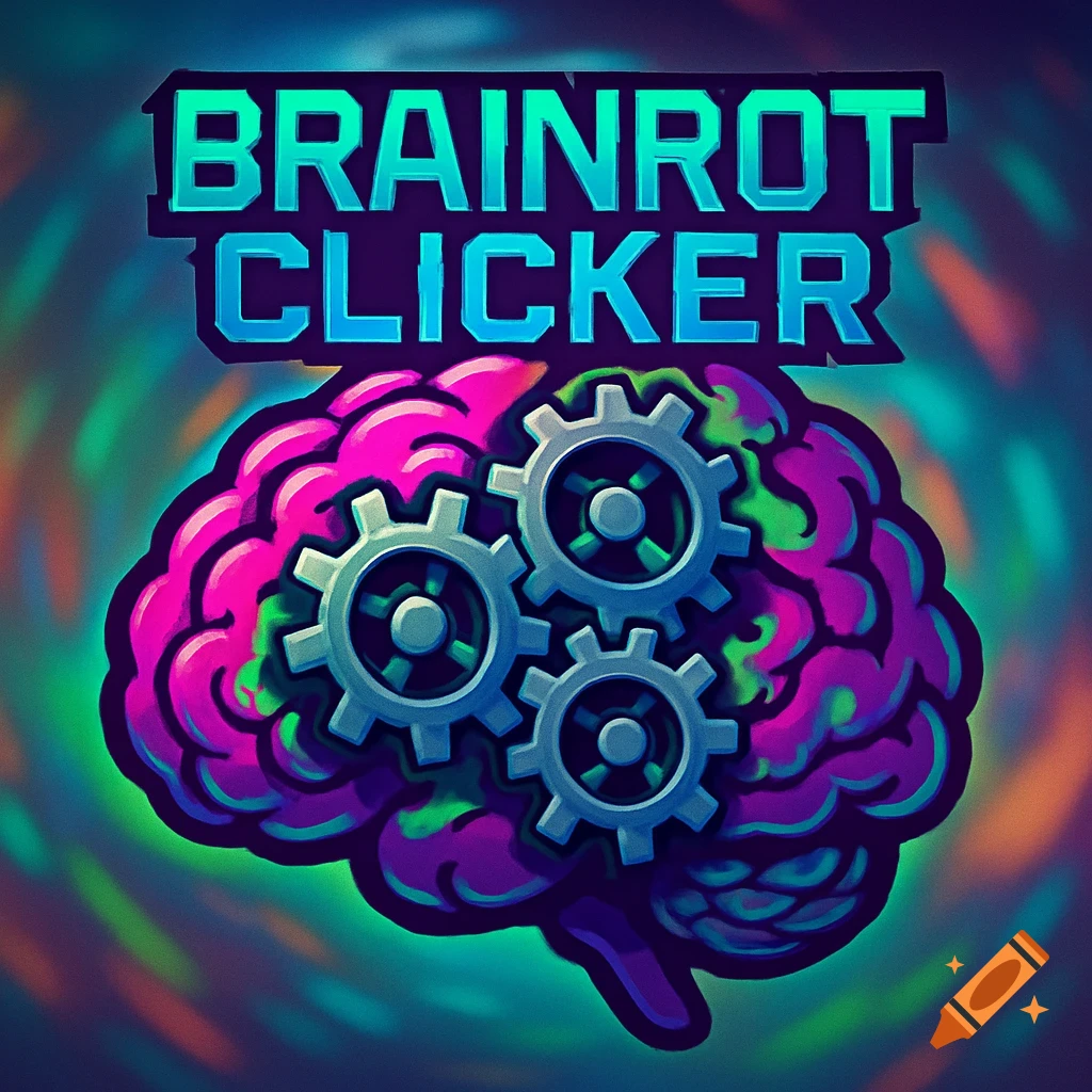Vibrant stylized game logo with a pink and purple brain, three silver gears, and neon text "BRAINROT CLICKER" above.