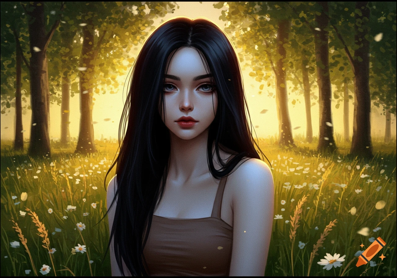 A digital art portrait of a woman with long black hair and fair skin, wearing a brown tank top, standing in a sunlit forest clearing with white flowers.