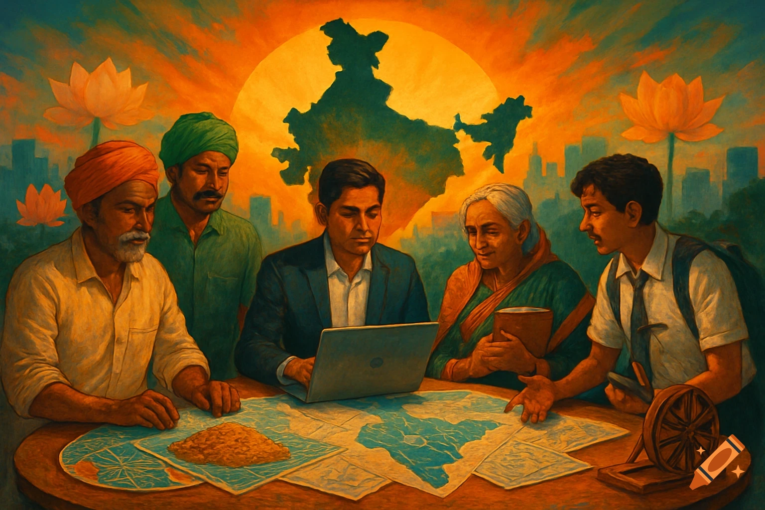 A diverse group of Indian people, including farmers, a businessman, an elder, and a student, study maps and a laptop, with a map of India and lotus flowers in a painterly style background.