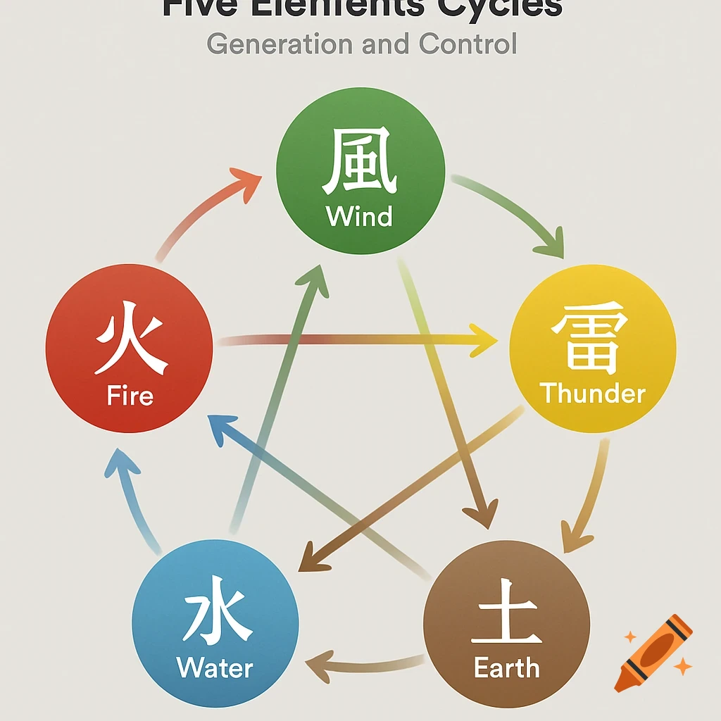 A diagram of the Five Elements Cycles: Fire, Wind, Thunder, Earth, and Water, represented by colored circles with connecting arrows.